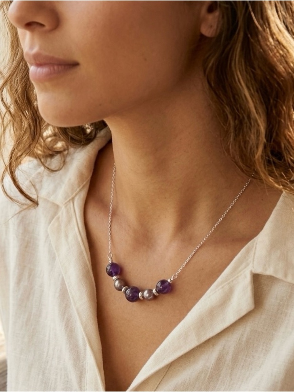 Sterling Silver Genuine Amethyst & Pearl Floating Necklace